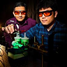 Jain, left, and Yu performing artificial photosynthesis experiments using green light. Photo by Fred Zwicky